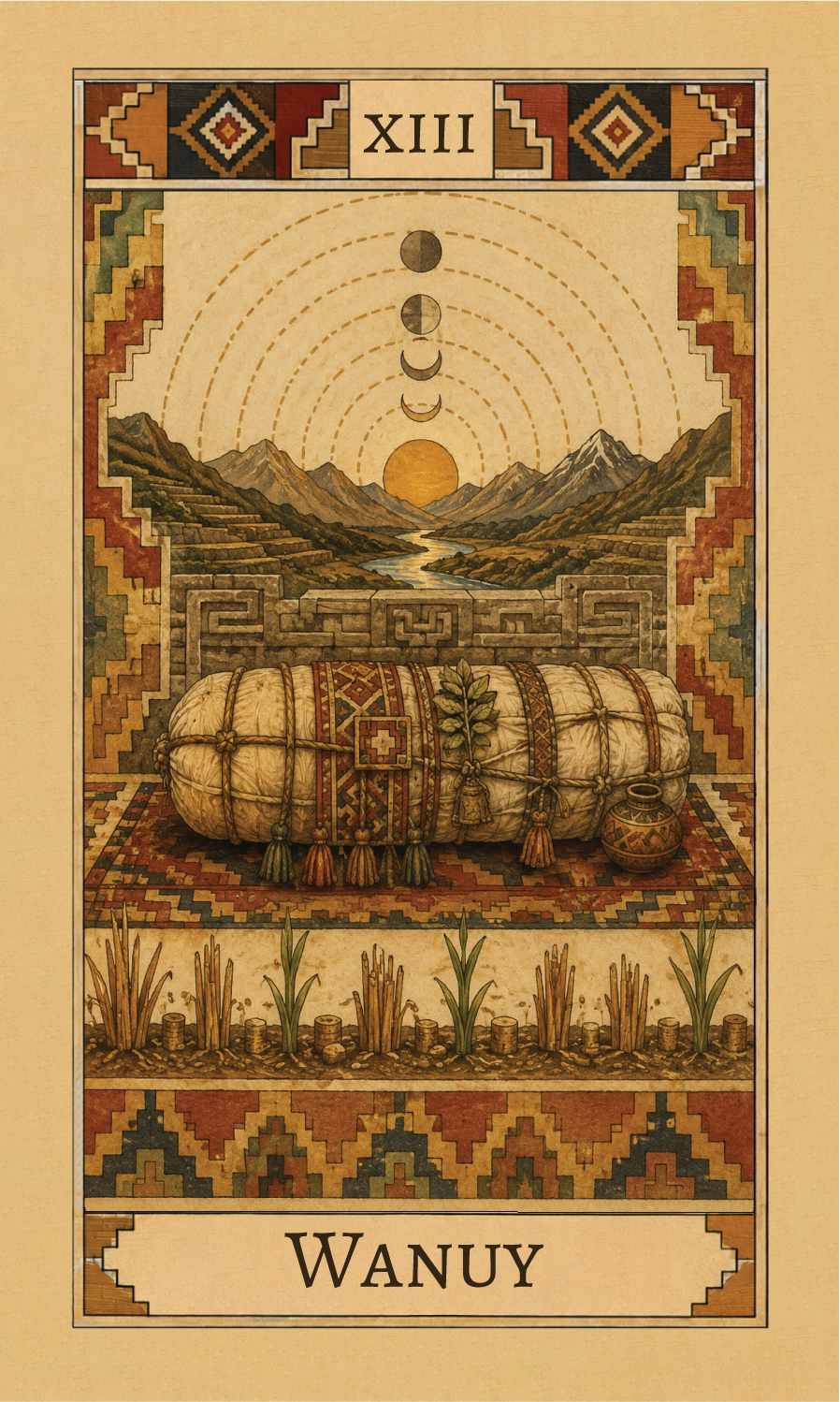 Original artwork for the card Wañuy (Death) from Quni Samiyuq: Tarot of the Inca Path