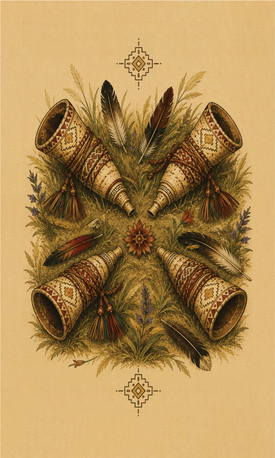Original artwork for the card Four of Pututus from Quni Samiyuq: Tarot of the Inca Path