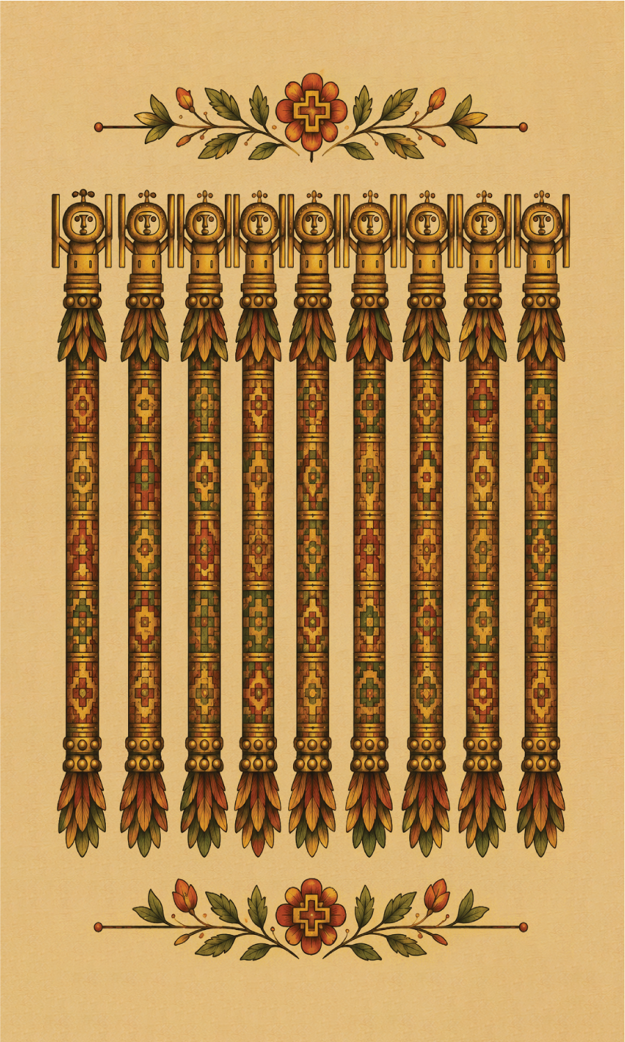 Nine of Staffs — Nine of Wands — Quni Samiyuq Tarot card